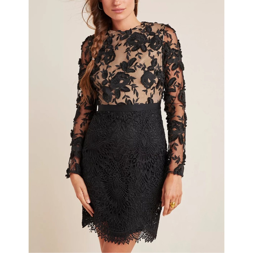 Monique Lhuillier Black Lace Mini Dress